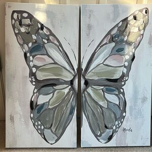 Abstract Butterfly Canvas Wall Art in Gray and Cream